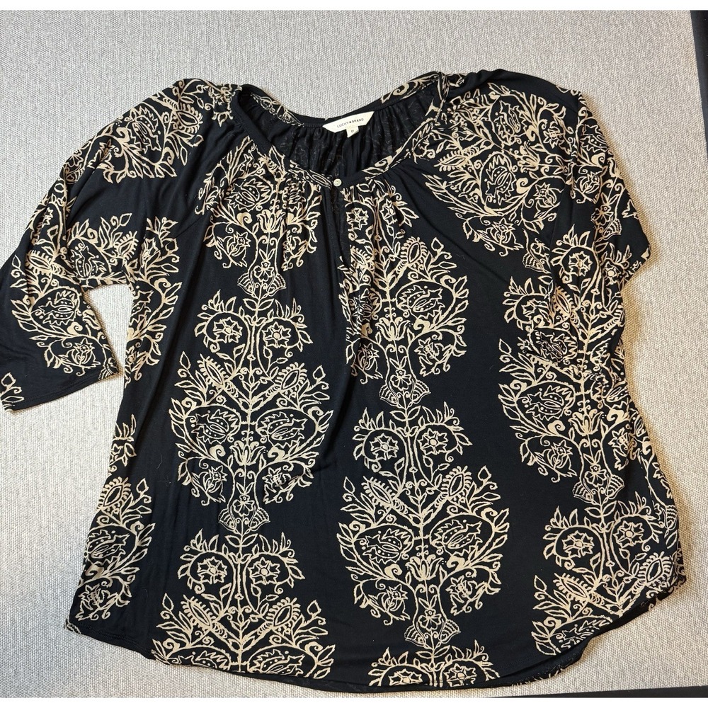 Lucky Brand Women's Black and tan boho floral design blouse 1X